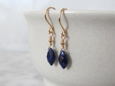 Lapis Lazuli Drop Earrings 14K Gold Filled, Marquise Cut Afghanistan Lapis - image1